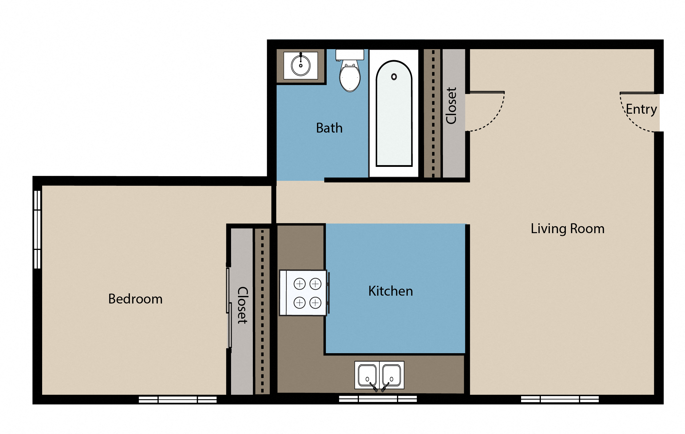 Floor plan for 1 bed, 1 bath, 600 sqft